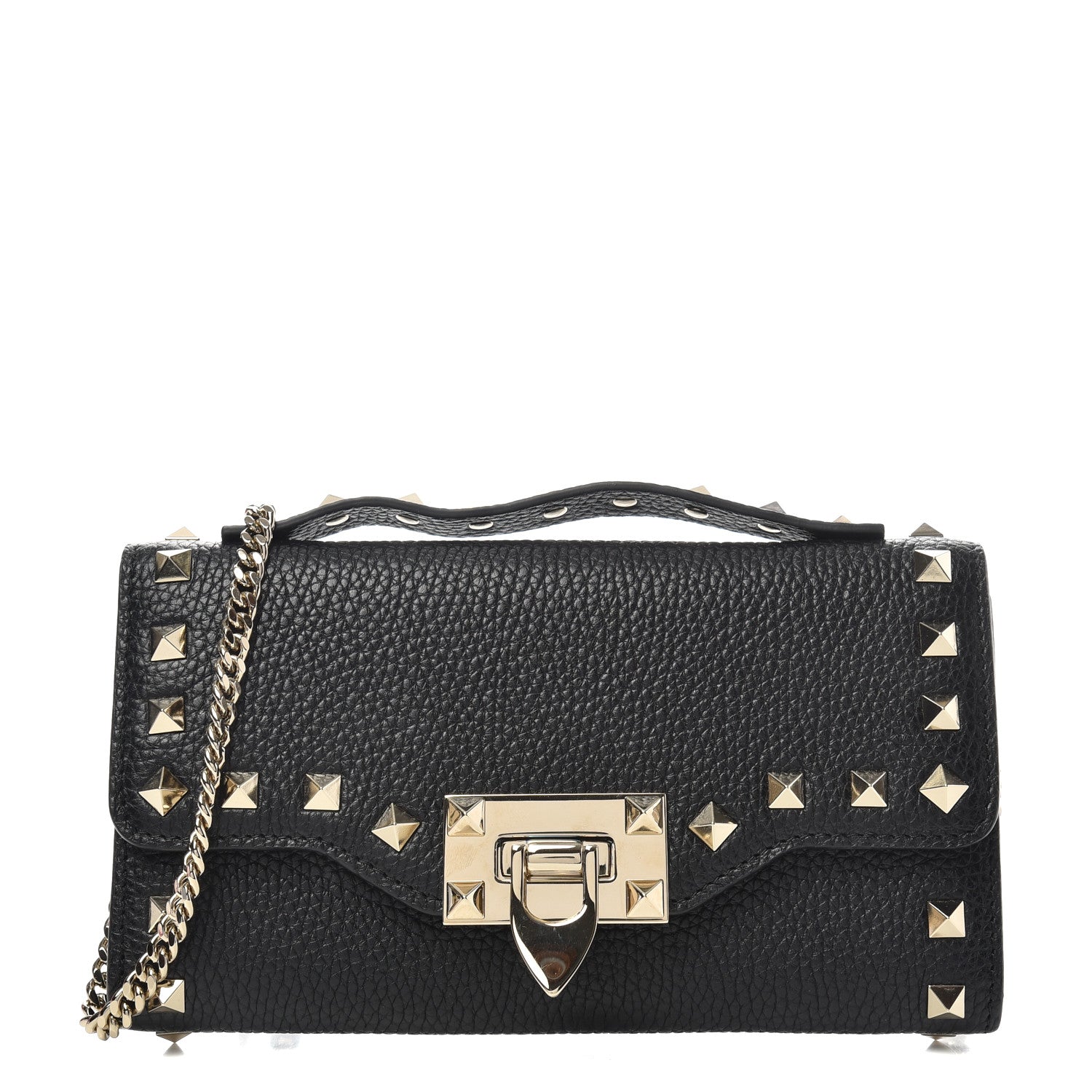 Valentino Garavani Pebbled Calfskin Rockstud Flip Lock Wallet On Chain Black 1 of 6