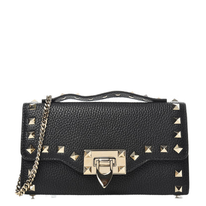 Valentino Garavani Pebbled Calfskin Rockstud Flip Lock Wallet On Chain Black 1 of 6