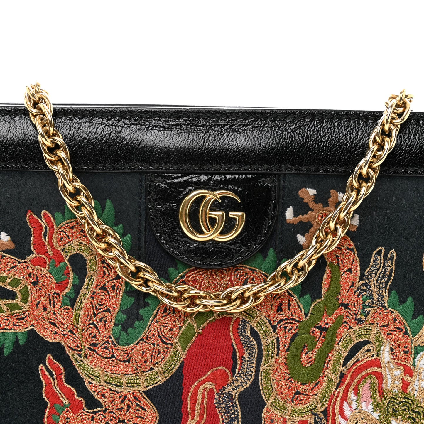 Suede Patent Web Dragon Embroidered Small Ophidia Chain Shoulder Bag Blue Black