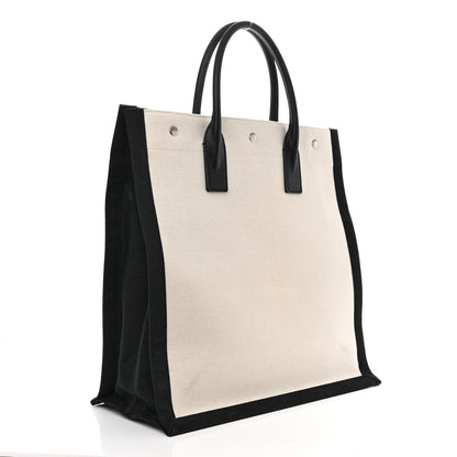 Saint Laurent Linen Calfskin Rive Gauche North South Tote White Black 3 of 12