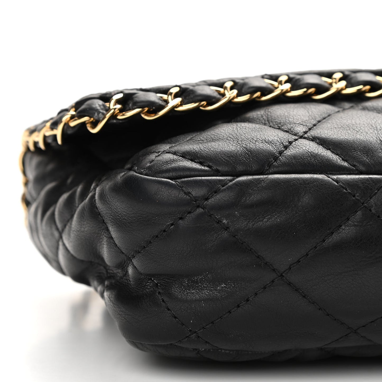 Crumpled Calfskin Quilted Large Chain All Over Flap Bag Black