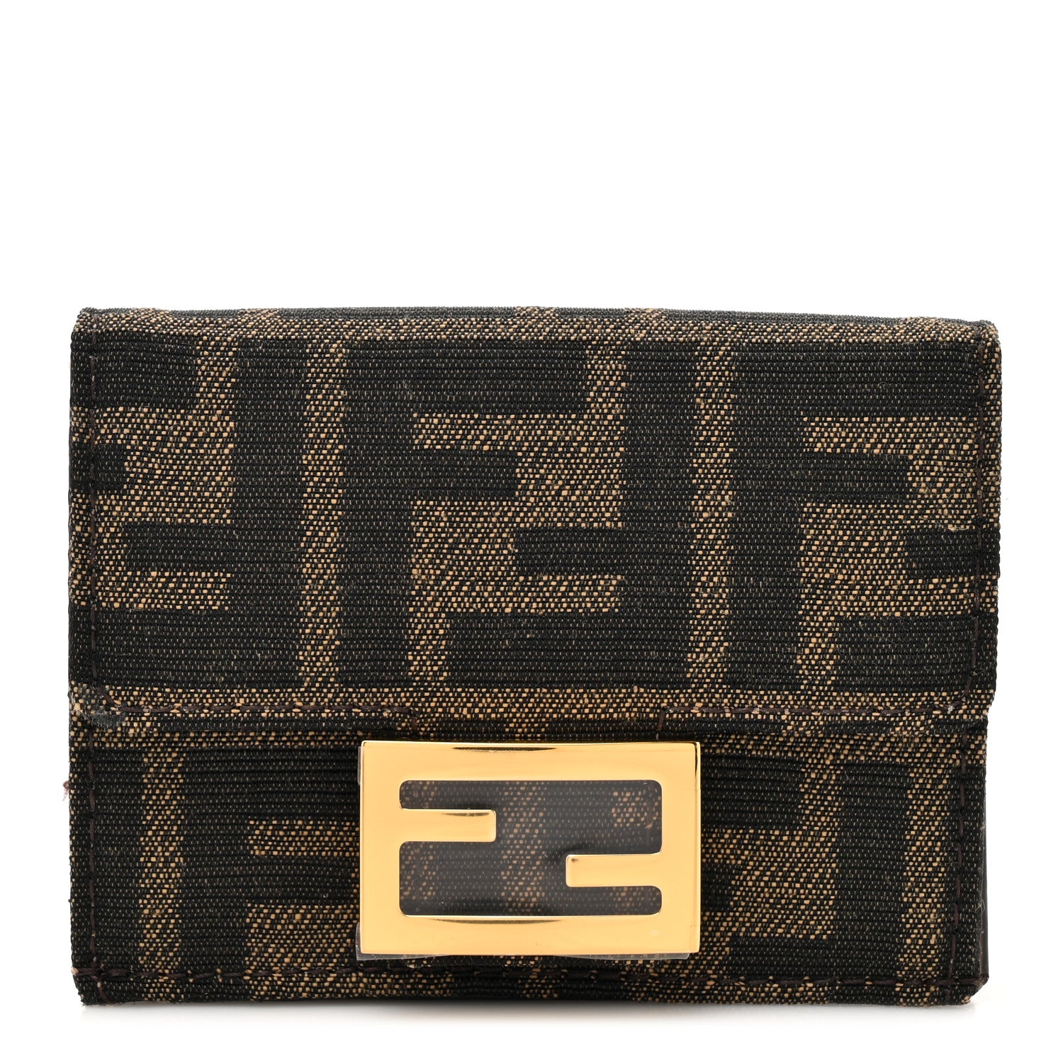 Fendi Fabric Jacquard FF 1974 Micro Trifold Baguette Wallet Tobacco Moro 1 of 10