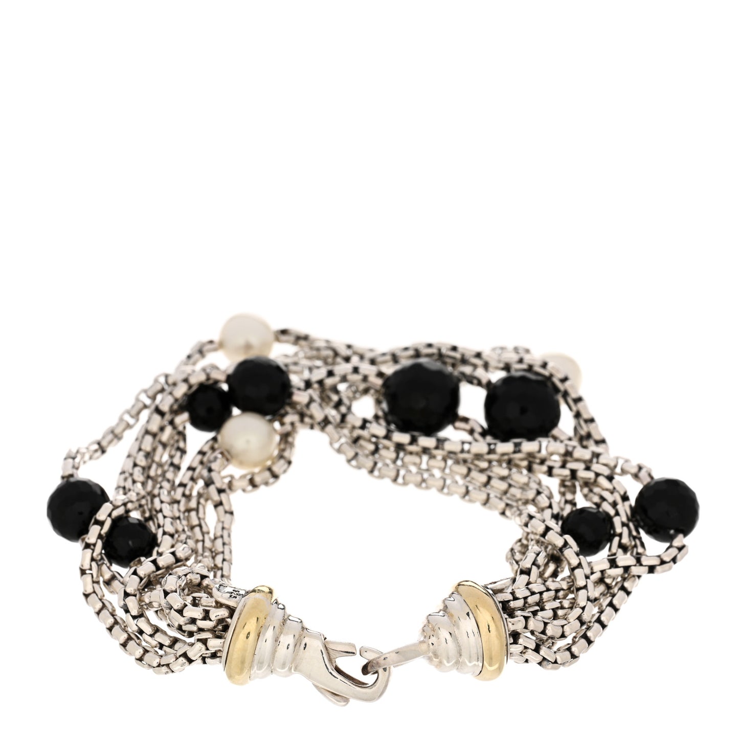 Sterling Silver 18K Yellow Gold Pearl Onyx Multi Strand Box Chain Bracelet