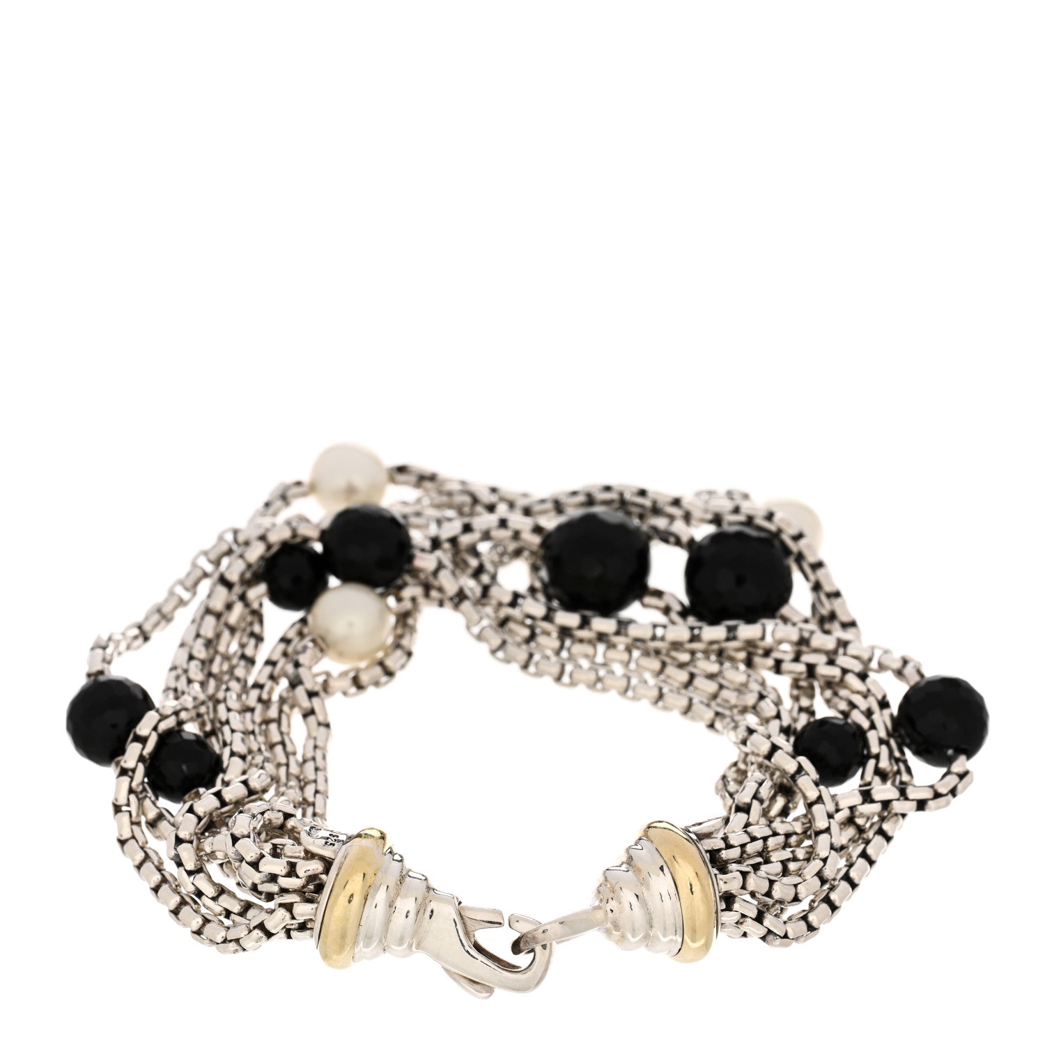 David Yurman Sterling Silver 18K Yellow Gold Pearl Onyx Multi Strand Box Chain Bracelet 2 of 3