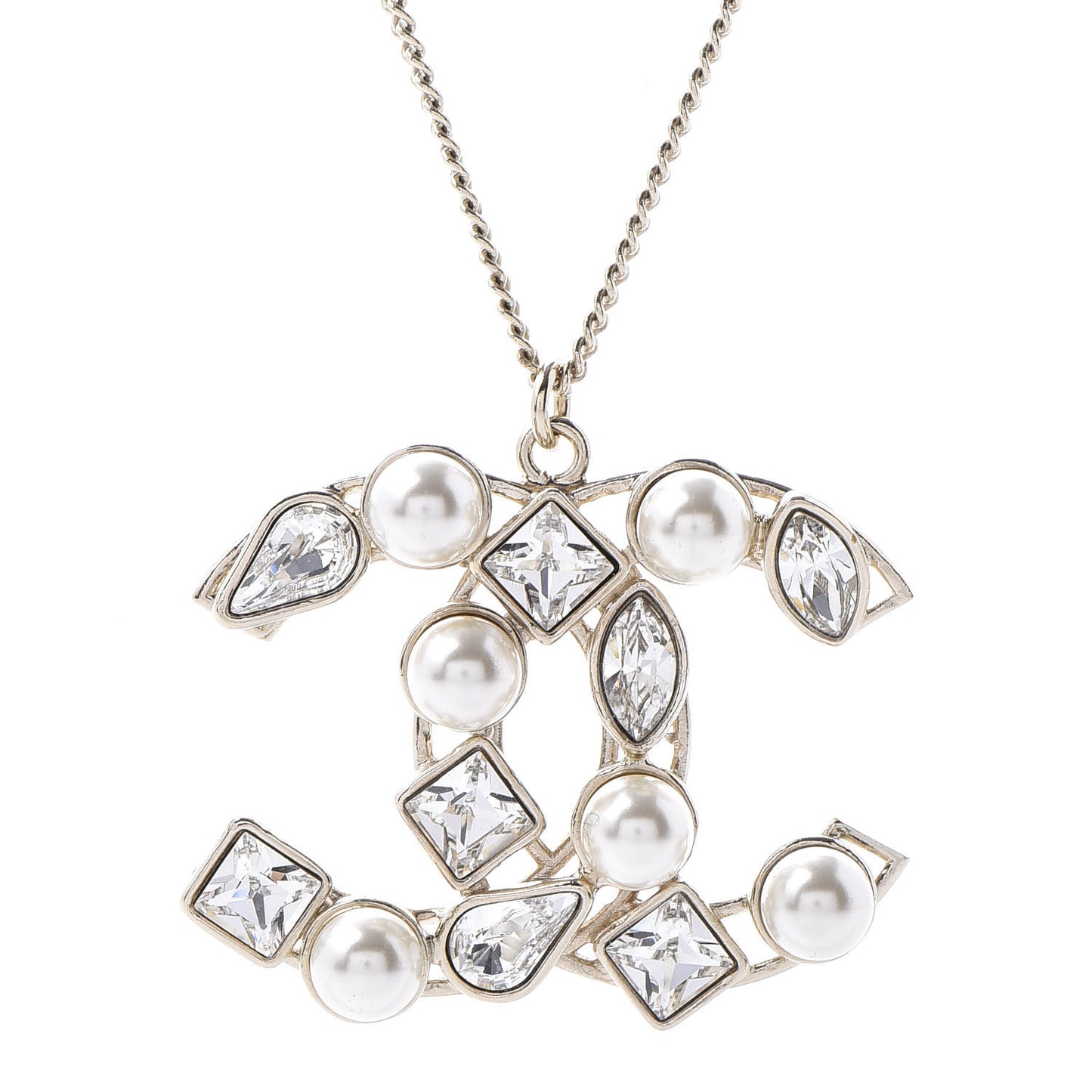 Pearl Crystal Baguette CC Pendant Necklace Gold