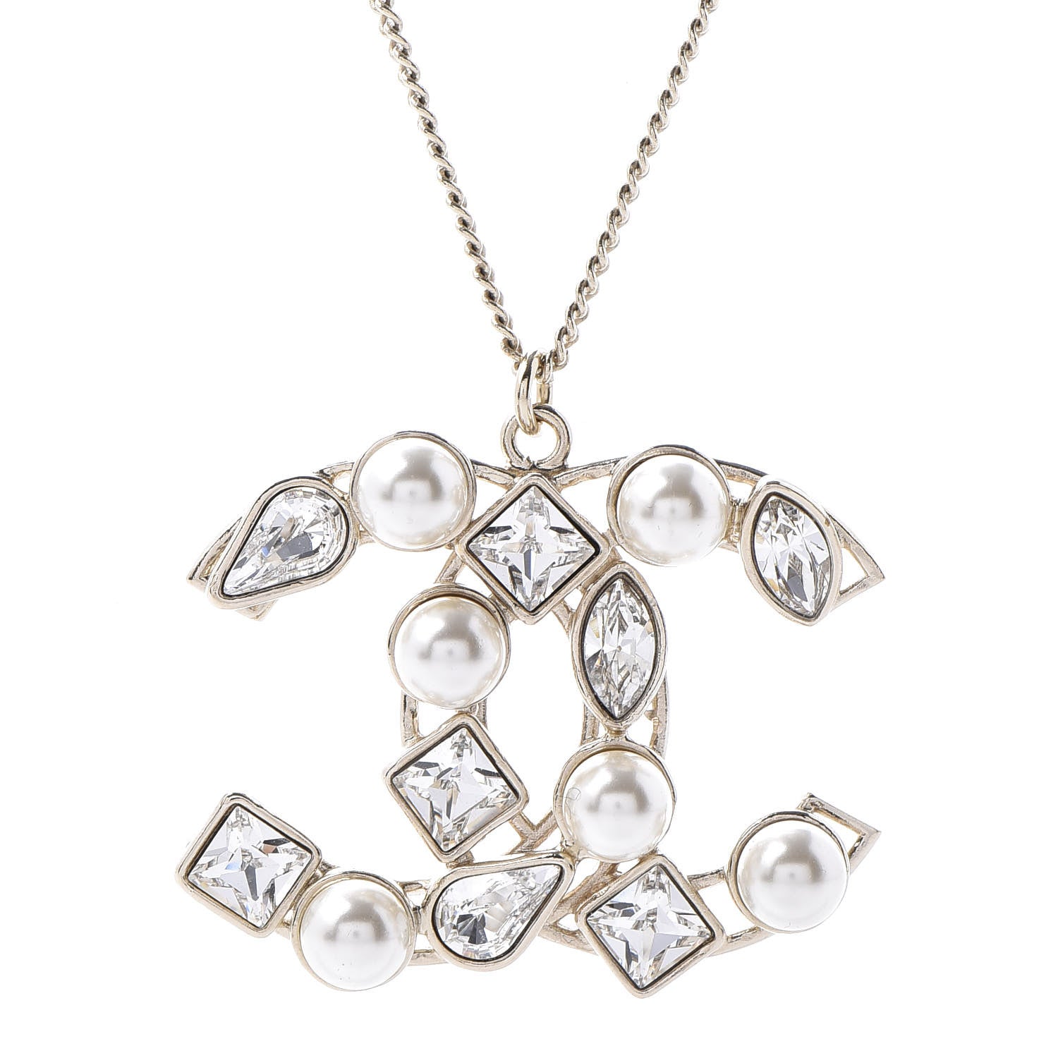 Chanel Pearl Crystal Baguette CC Pendant Necklace Gold 3 of 5