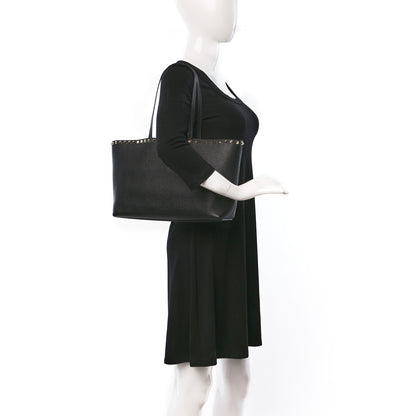 Valentino Garavani Grained Calfskin Small Rockstud Shoulder Tote Black 2 of 13