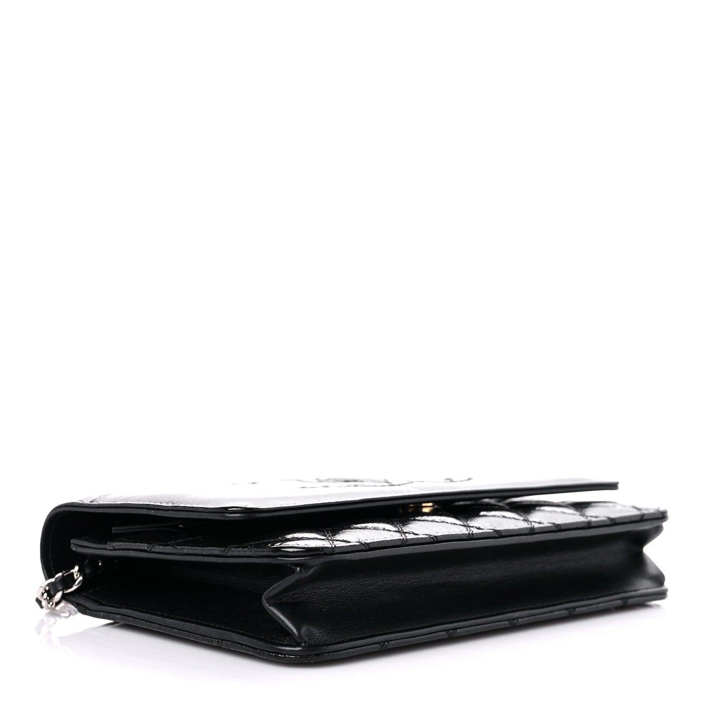 Shiny Aged Calfskin Quilted CC Wallet On Chain WOC Black