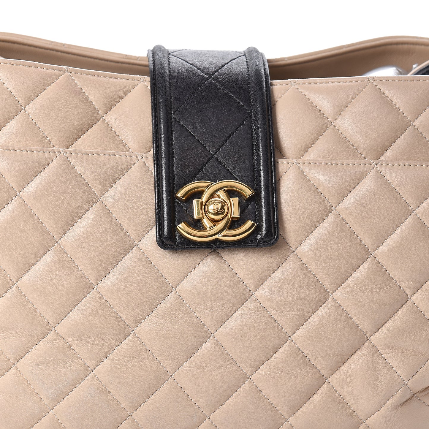 Lambskin Quilted Elegant CC Shopping Tote Beige Black