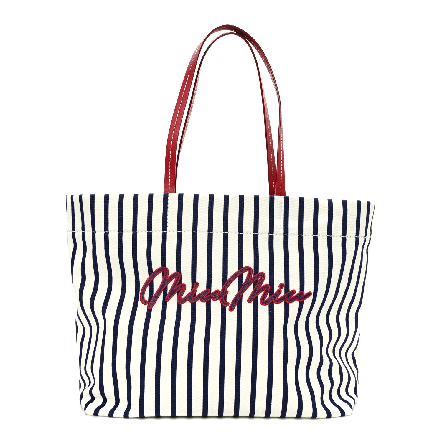 Miu Miu Canvas Denim Striped Logo Tote White Blue 1 of 9