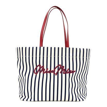 Miu Miu Canvas Denim Striped Logo Tote White Blue 1 of 9