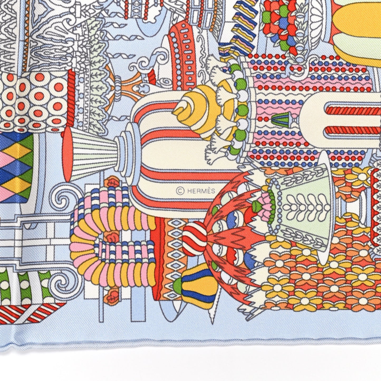 Silk La Patisserie Francaise Scarf 90 Bleu Ciel Rouge Multicolor