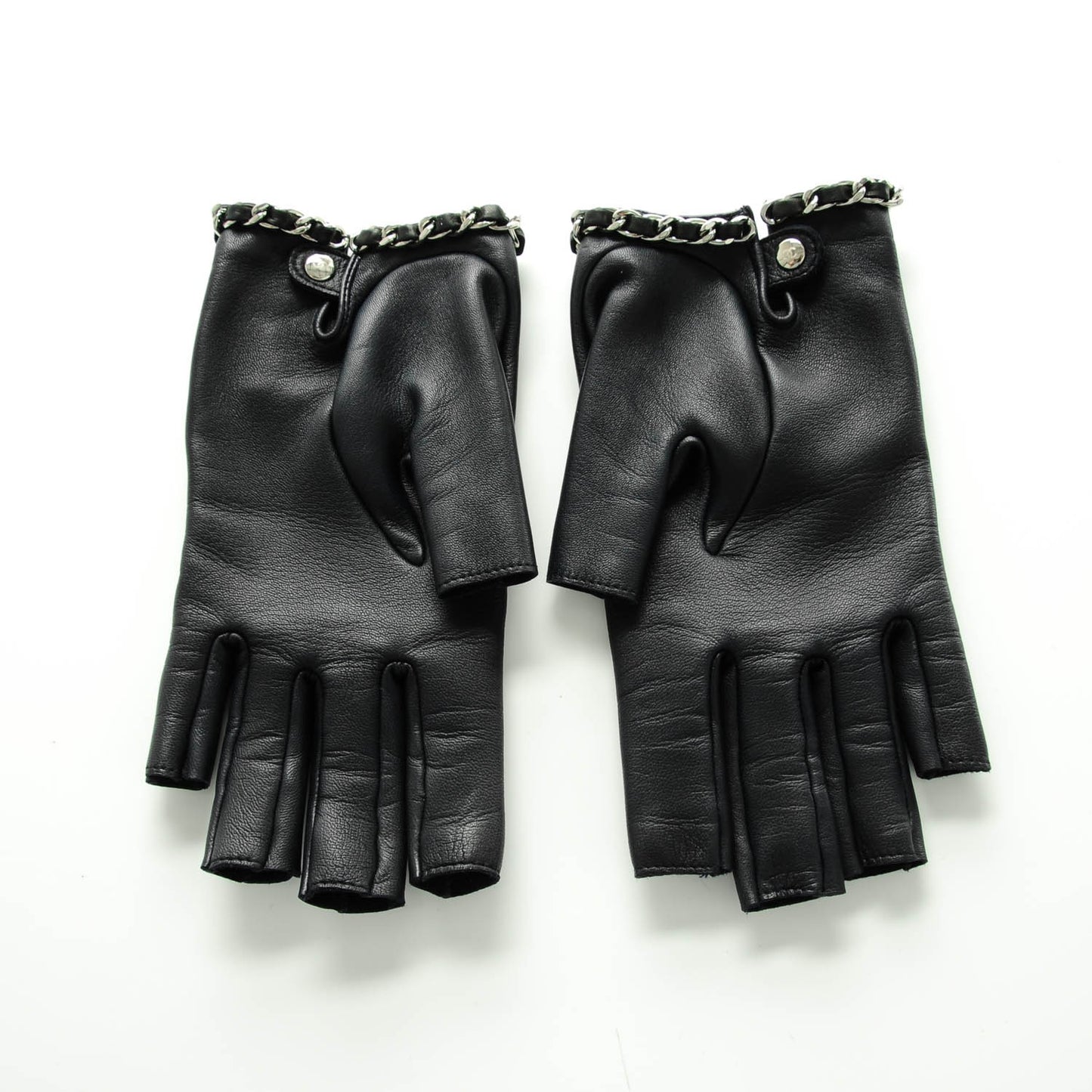 Lambskin Fingerless Chain CC Gloves 8 Navy Black