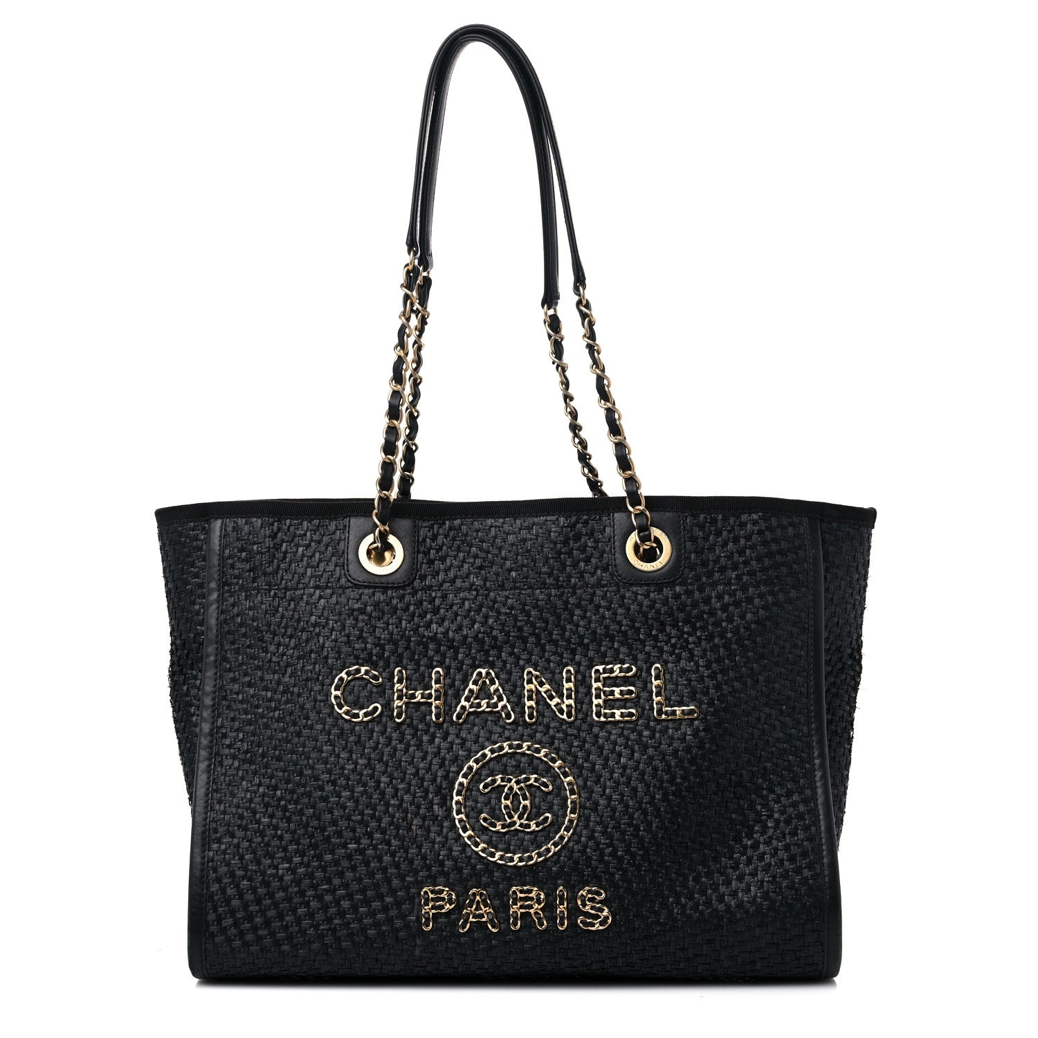 Chanel Straw Raffia Calfskin Chain Small Deauville Tote Black 1 of 12