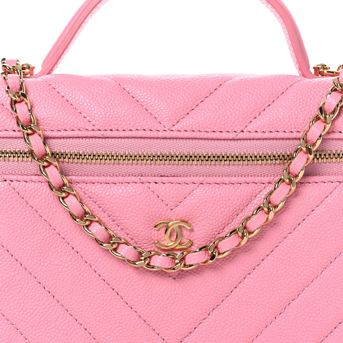 Shiny Caviar Quilted Sleek Chevron Vanity With Chain Rose