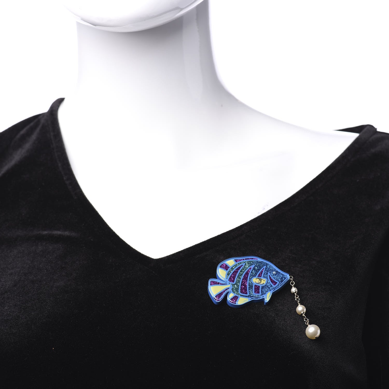 Chanel Pearl Glittered Resin Tropical Fish Brooch Gold Blue Yellow 2 of 5