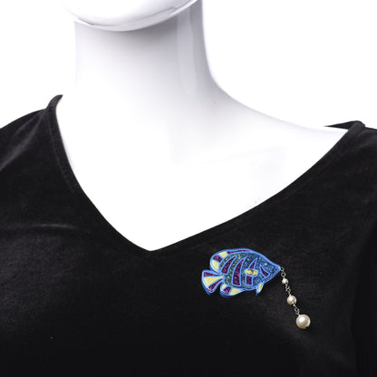 Chanel Pearl Glittered Resin Tropical Fish Brooch Gold Blue Yellow 2 of 5