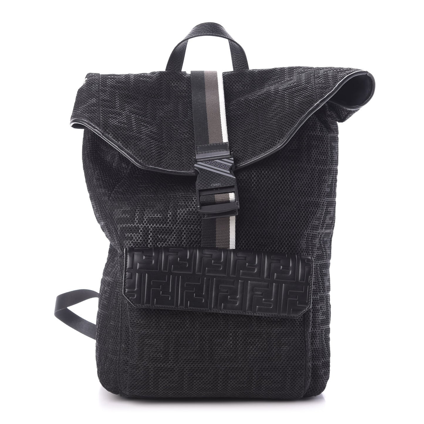 Mesh Cuoio Romano Vitello Stampa FF 1974 Embossed Logo Plate Backpack Black