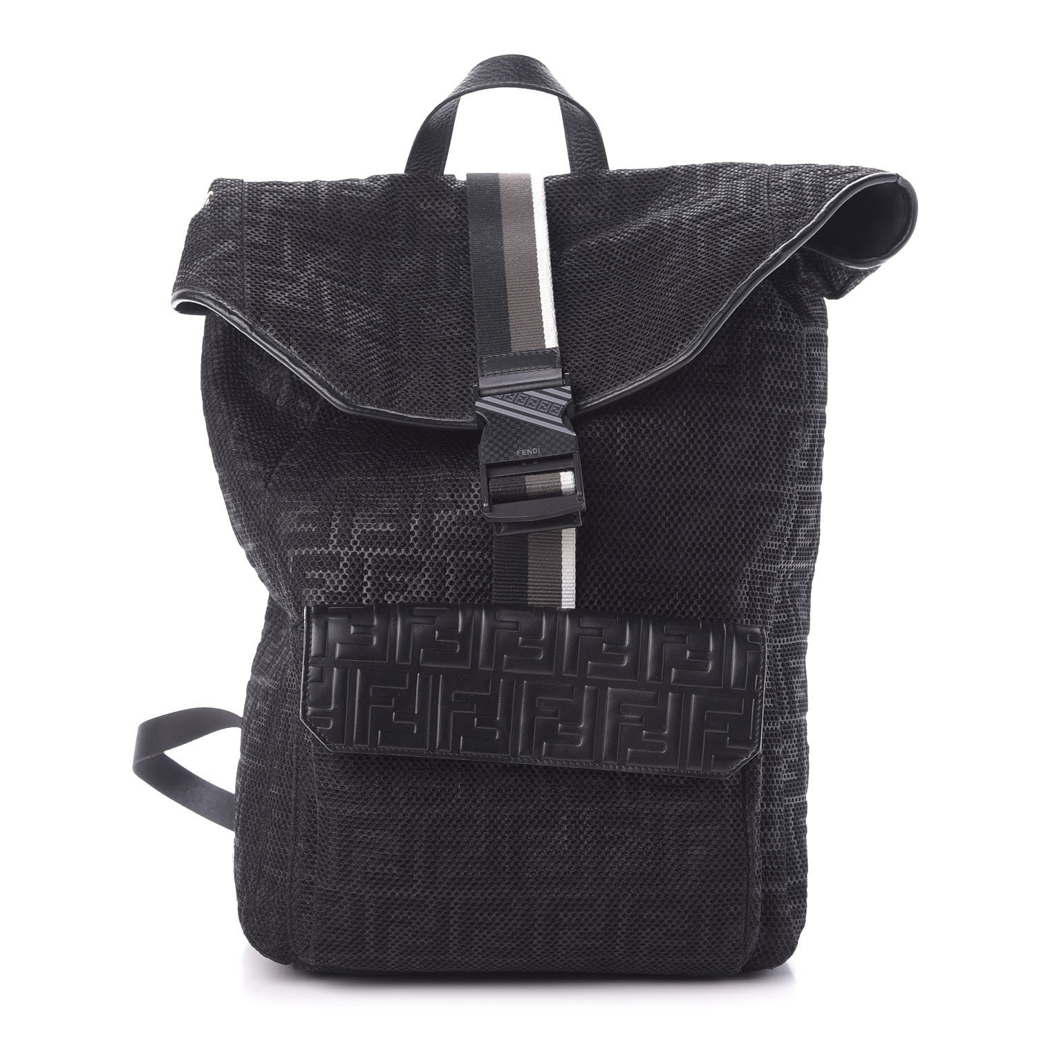 Fendi Mesh Cuoio Romano Vitello Stampa FF 1974 Embossed Logo Plate Backpack Black 1 of 9