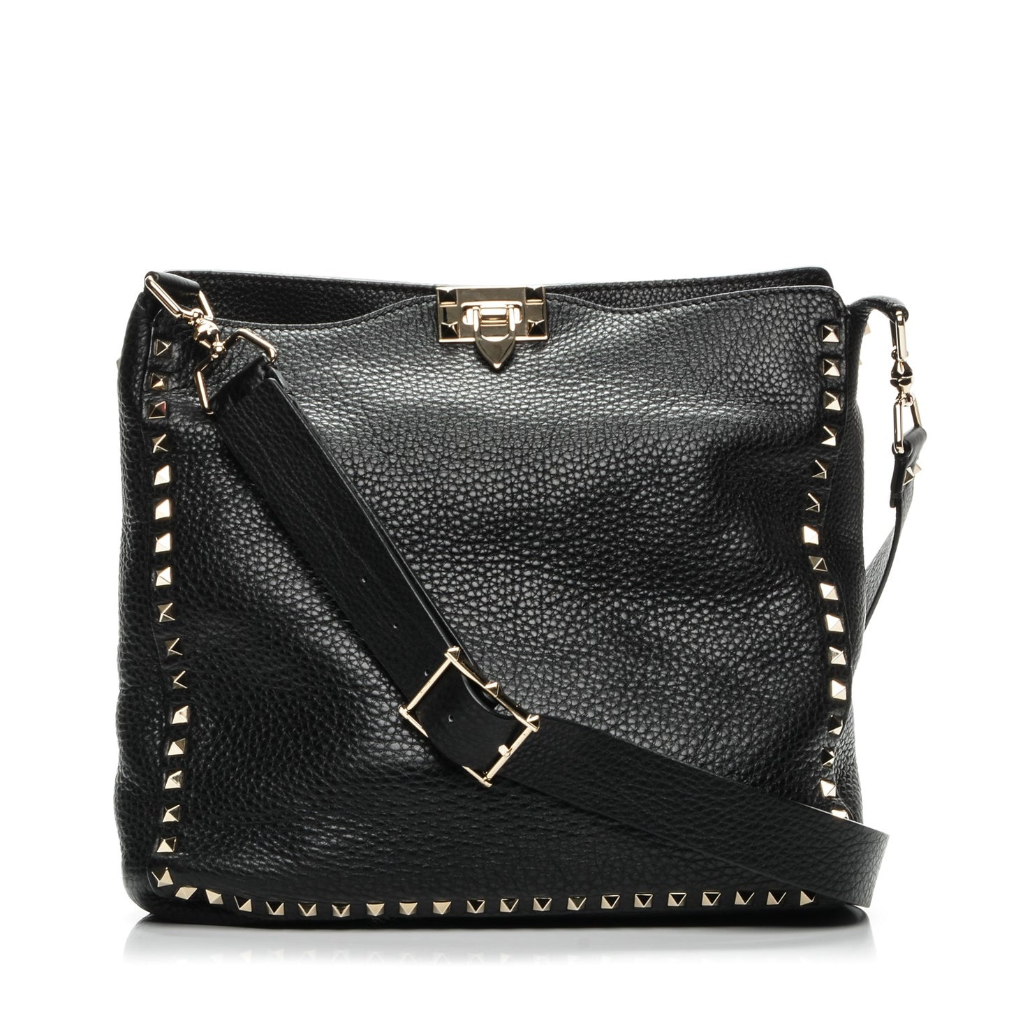 Pebbled Calfskin Large Rockstud Flip-Lock Messenger Bag Black