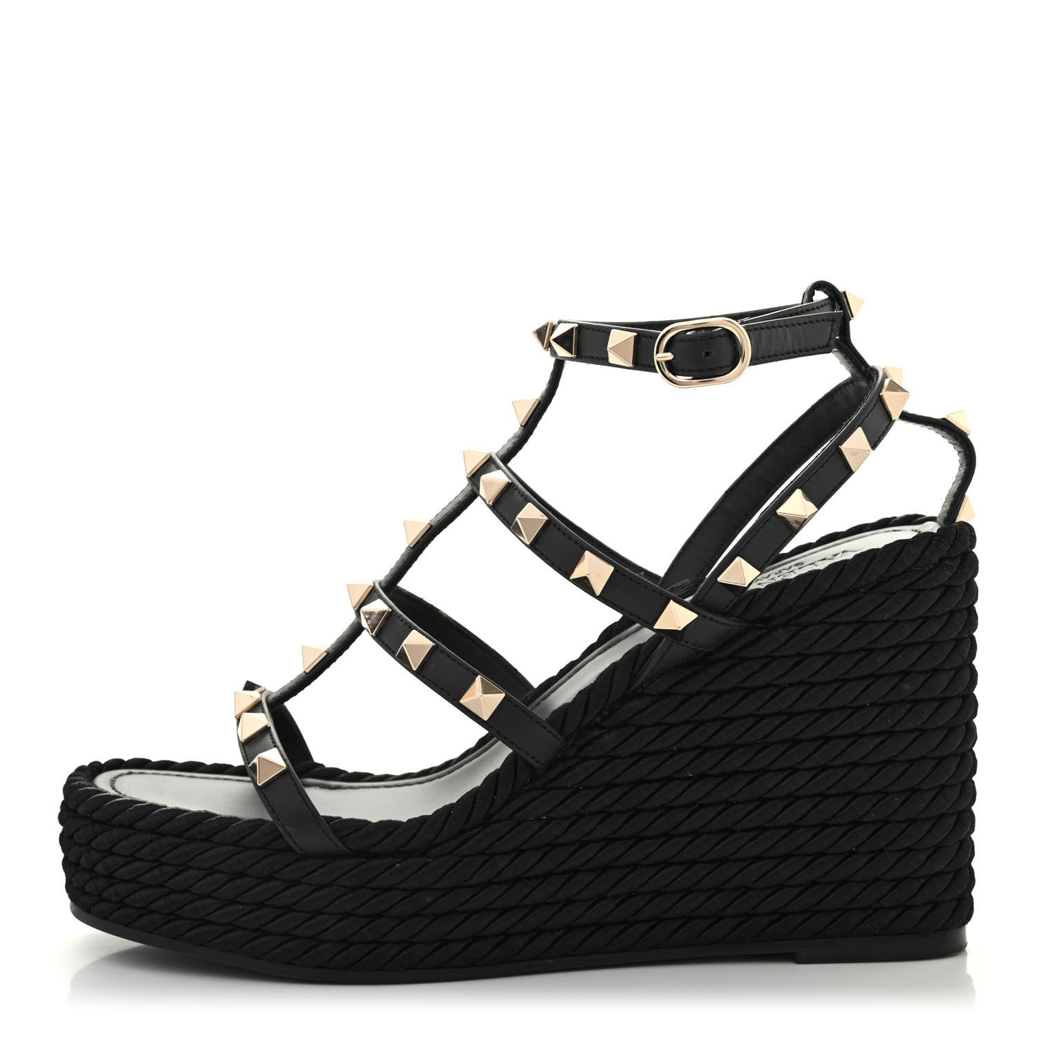 Valentino Garavani Calfskin Rockstud Ankle Strap Torchon Espadrille Caged 25/95mm Wedge Sandals 36 Black 1 of 8
