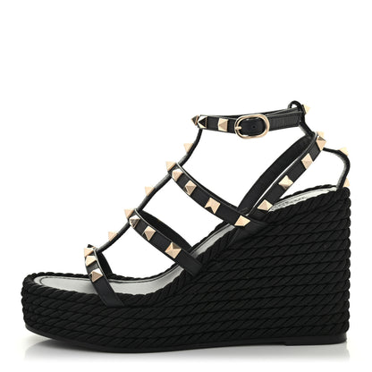 Valentino Garavani Calfskin Rockstud Ankle Strap Torchon Espadrille Caged 25/95mm Wedge Sandals 36 Black 1 of 8