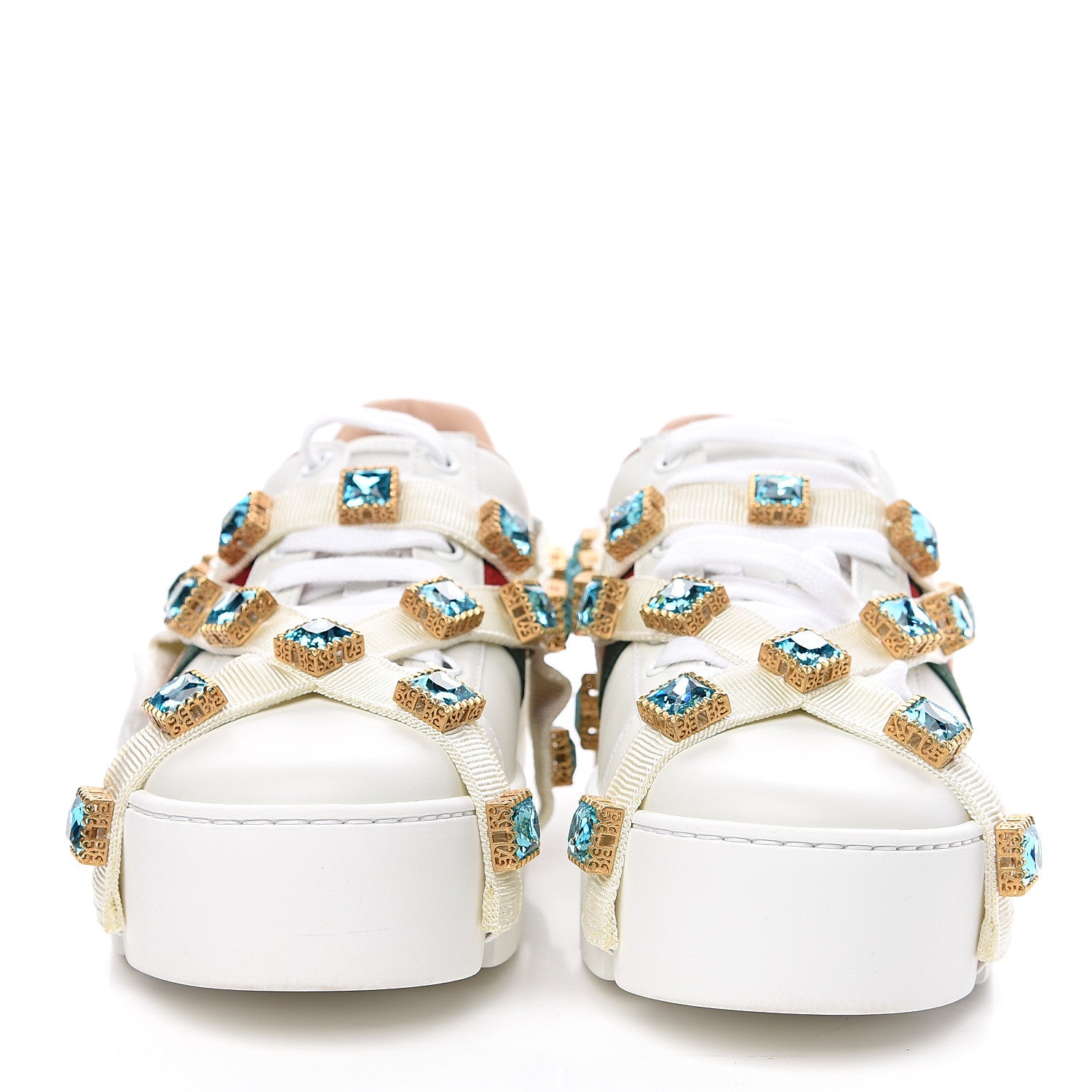 Gucci Calfskin Removable Crystals Bee Embroidered Womens Ace Platform Sneakers 37 White 2 of 8