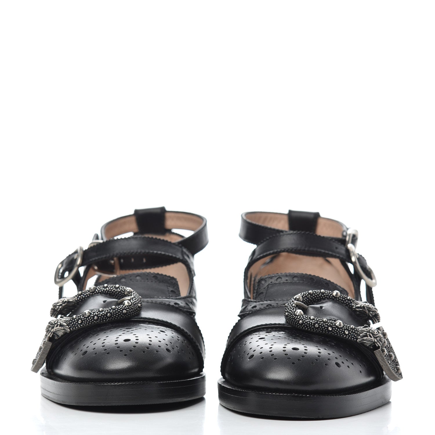 Gucci Calfskin Bee Embroidered Womens Queercore Brogue Wingtip Monk Strap Loafers 37 Black 2 of 9
