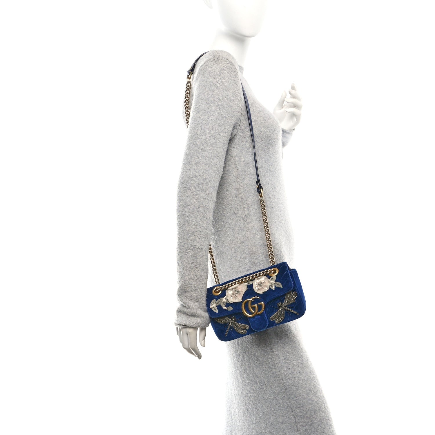 Gucci Velvet Matelasse Embroidered Mini GG Marmont Shoulder Bag Cobalt Blue 2 of 10
