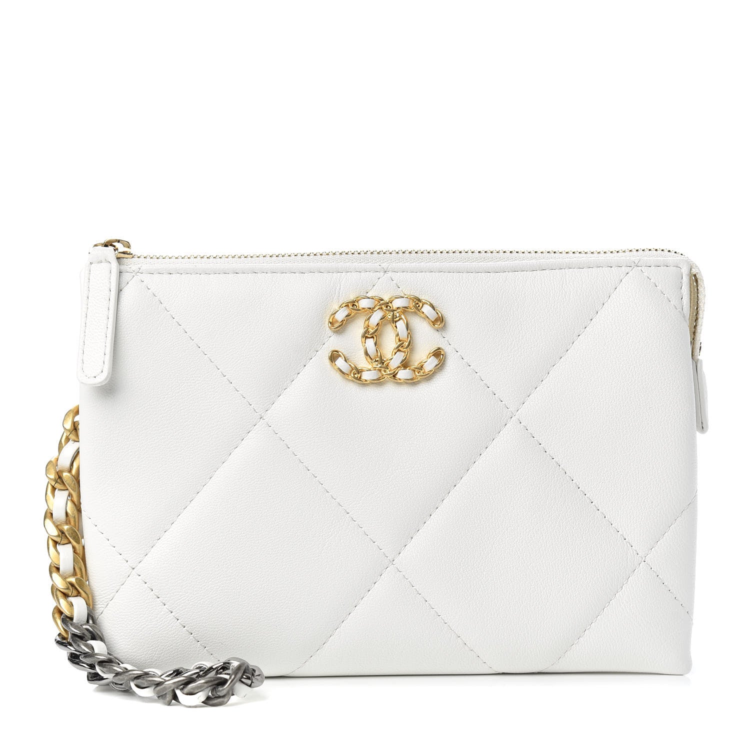 Chanel Shiny Goatskin Quilted Chanel 19 Small Pouch With Handle White 1 of 8