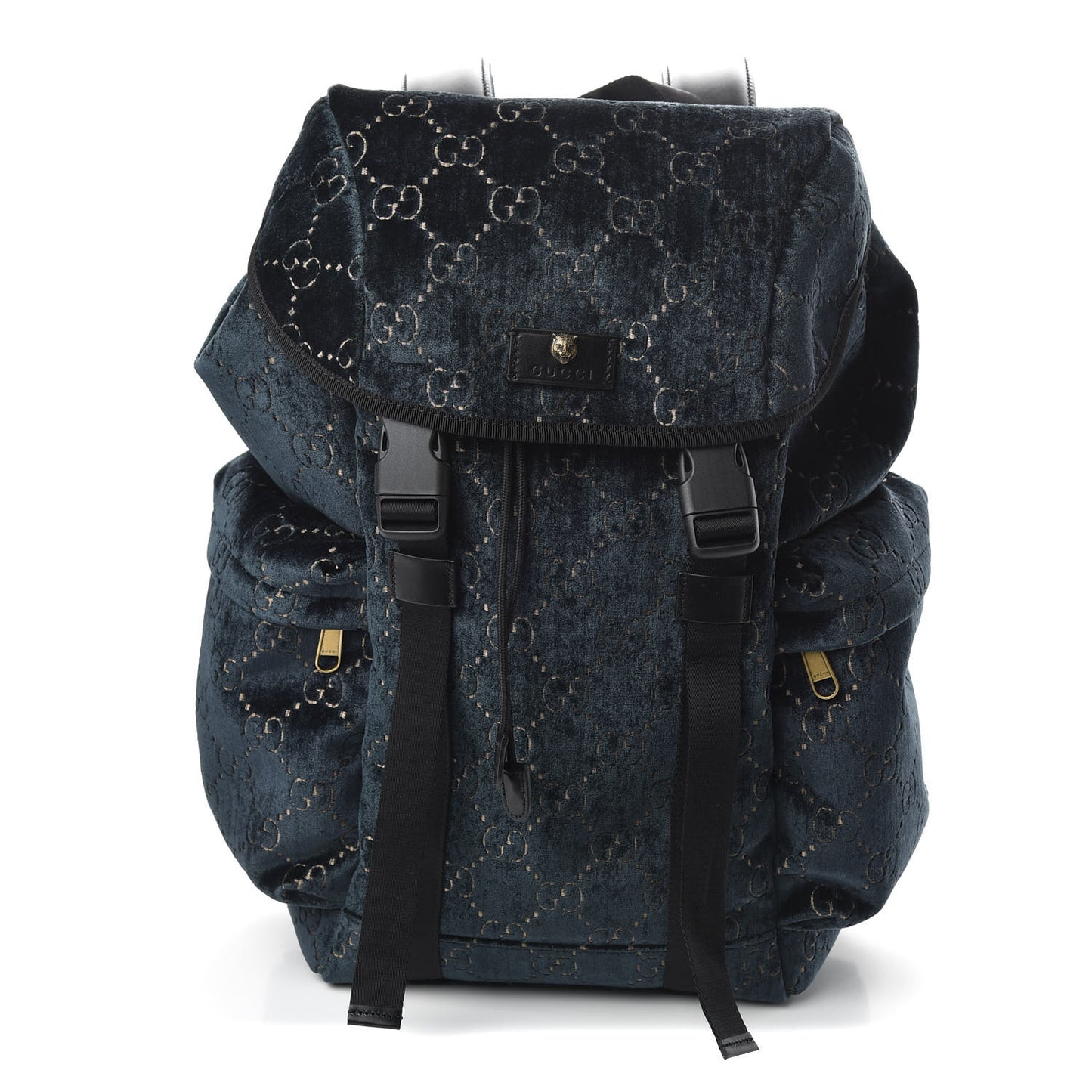 Velvet GG Monogram Web Medium Double Buckle Backpack Blue Beige Black