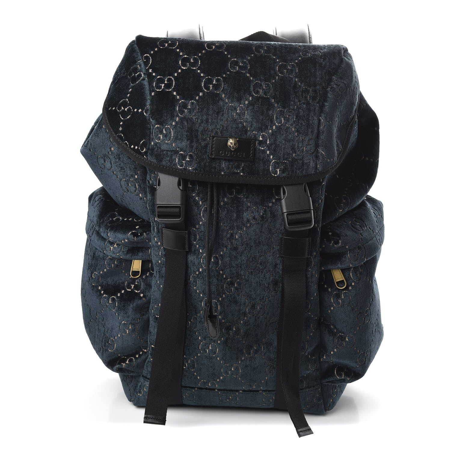 Gucci Velvet GG Monogram Web Medium Double Buckle Backpack Blue Beige Black 1 of 9
