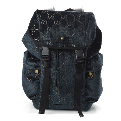 Gucci Velvet GG Monogram Web Medium Double Buckle Backpack Blue Beige Black 1 of 9