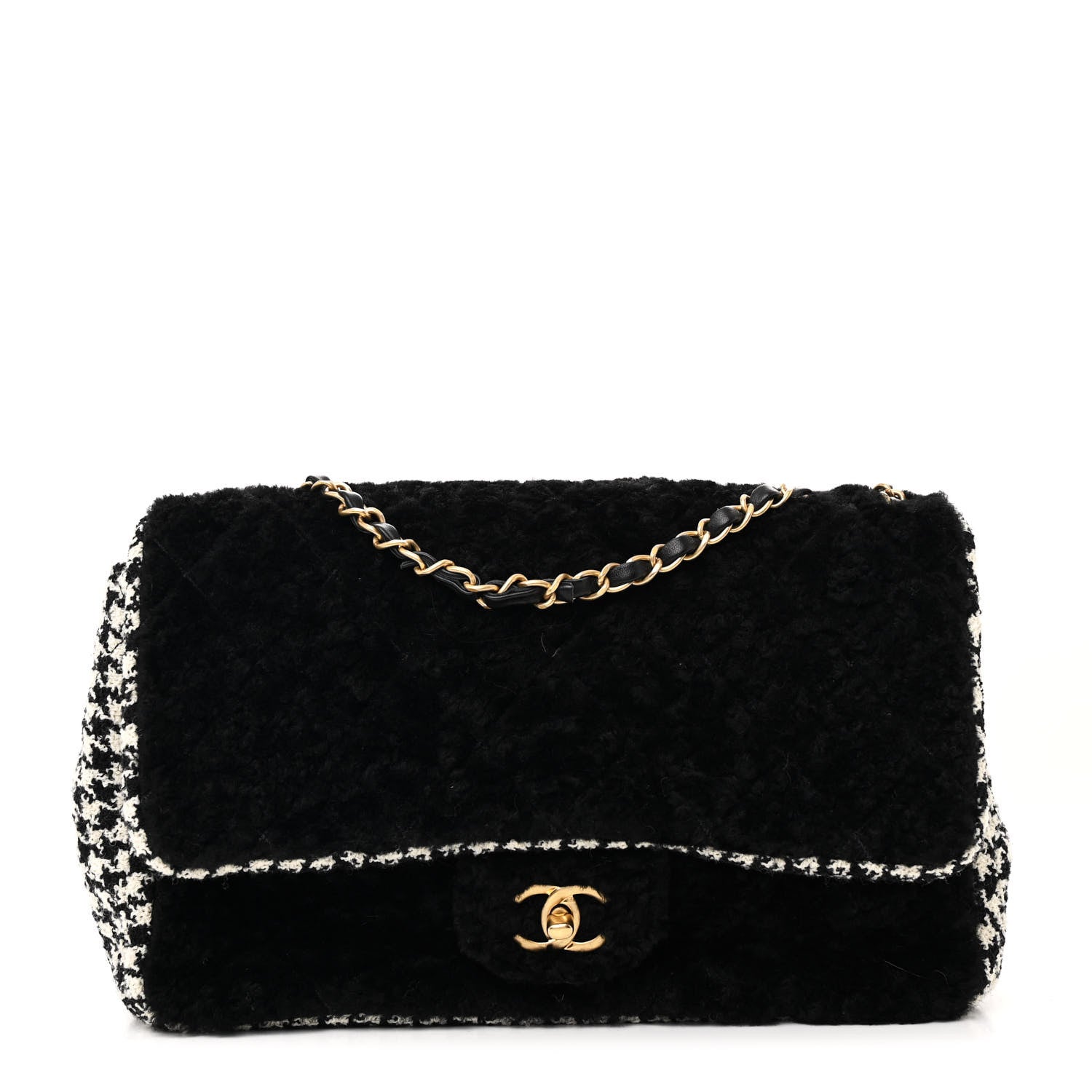 Chanel Shearling Tweed Jumbo Single Flap Black White 1 of 12