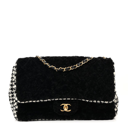 Chanel Shearling Tweed Jumbo Single Flap Black White 1 of 12