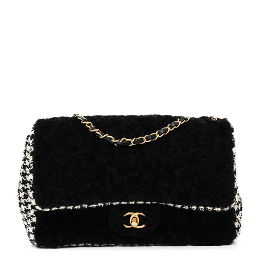 Shearling Tweed Jumbo Single Flap Black White
