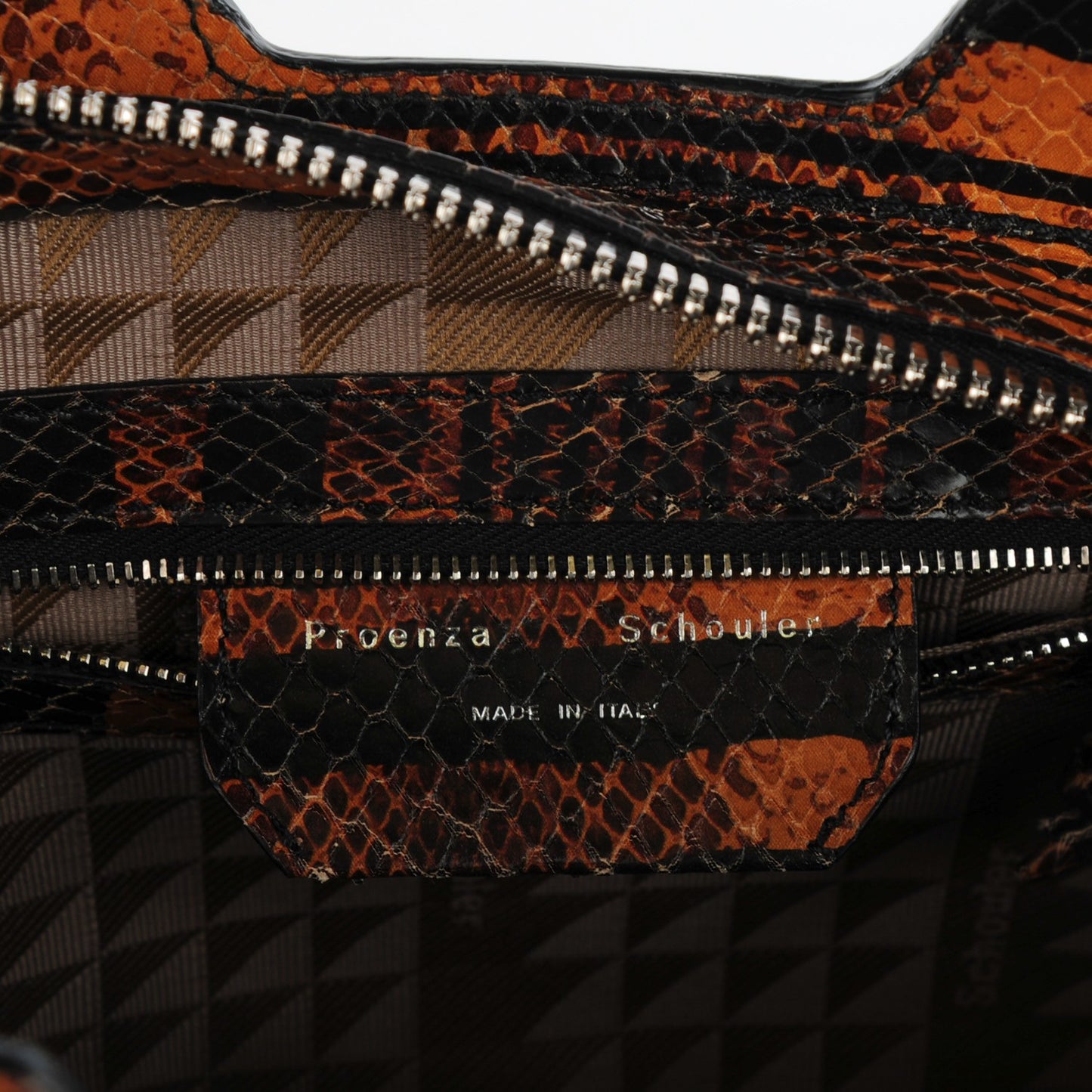 Striped Snake Calfskin Embossed Small PS13 Satchel Orange Black