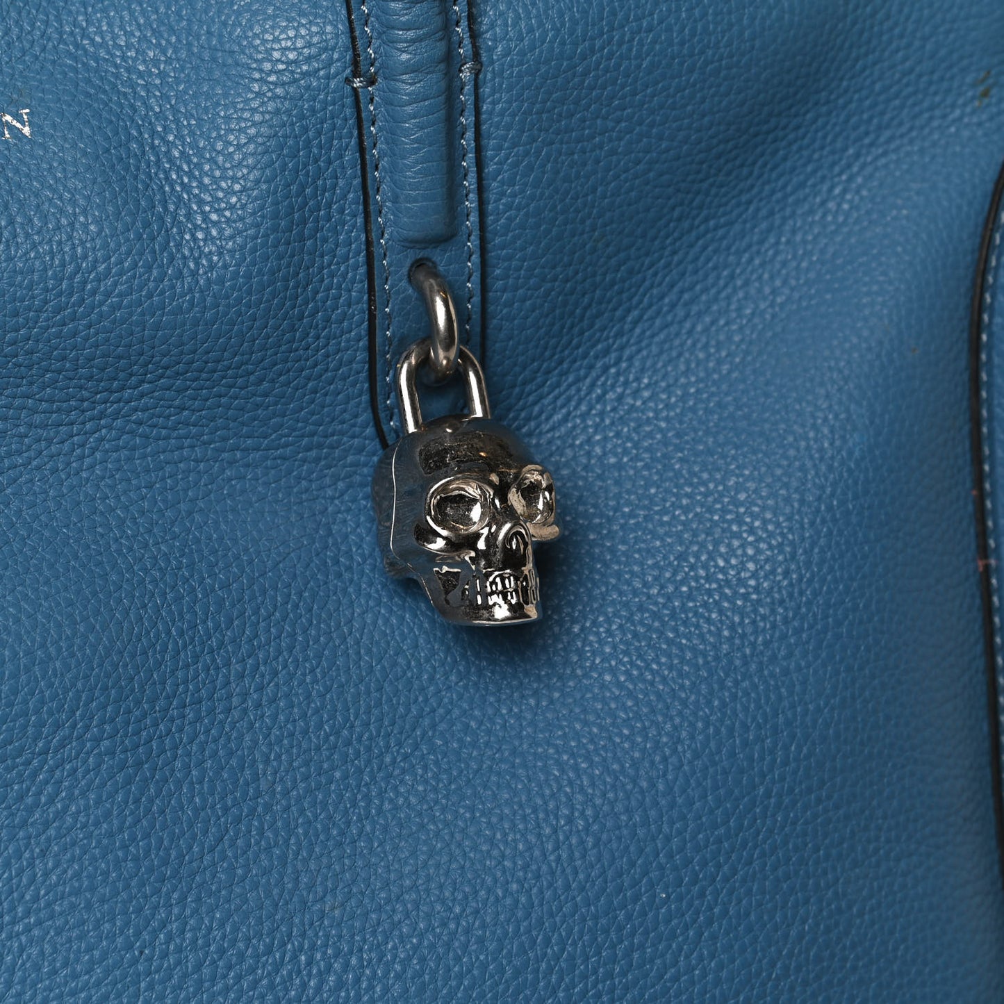 Pebbled Calfskin Large Skull Padlock Zip Around Tote Light Blue