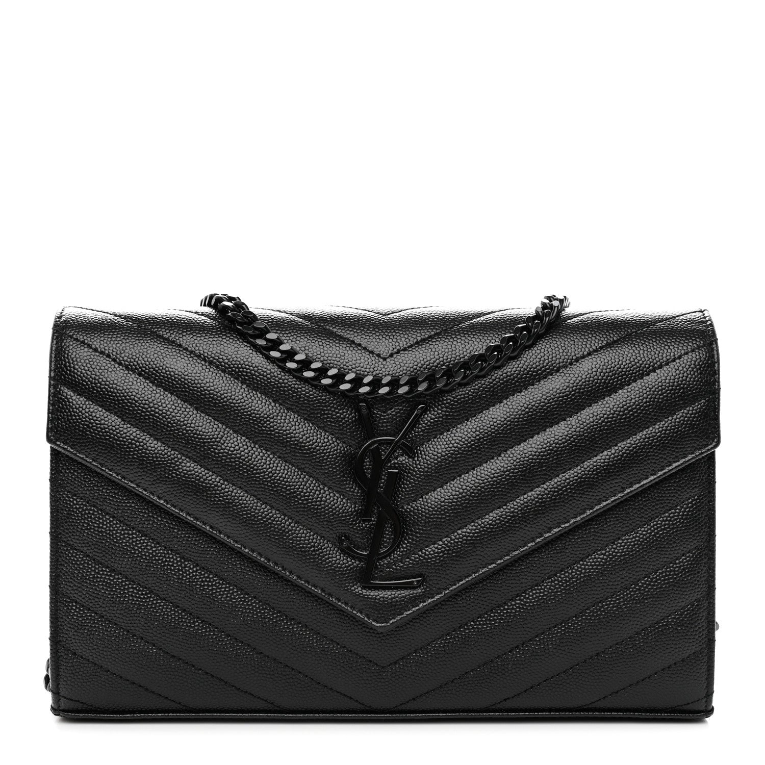 Saint Laurent Grain De Poudre Matelasse Chevron Monogram Monochrome Chain Wallet Black 1 of 12