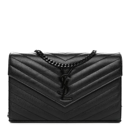 Saint Laurent Grain De Poudre Matelasse Chevron Monogram Monochrome Chain Wallet Black 1 of 12
