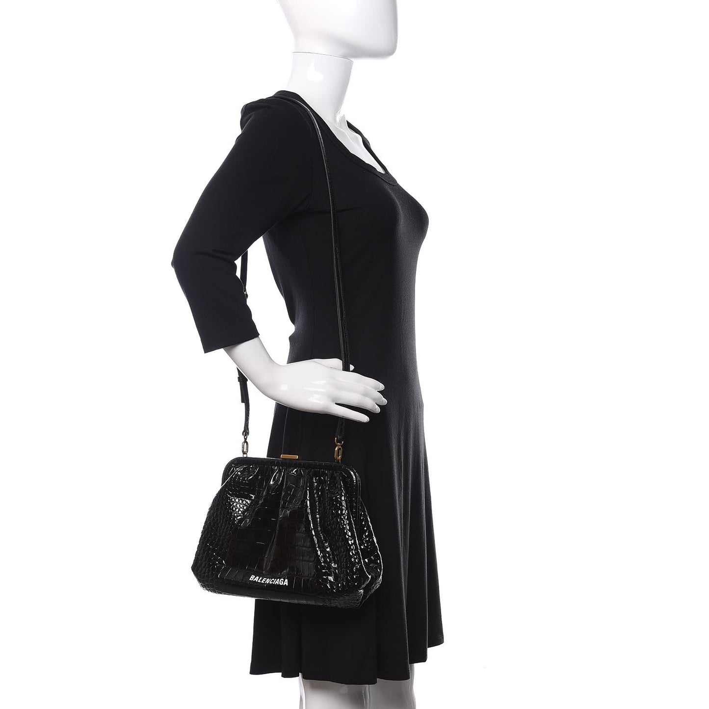Shiny Supple Calfskin Logo Crocodile Embossed Cloud Crossbody Bag Black White