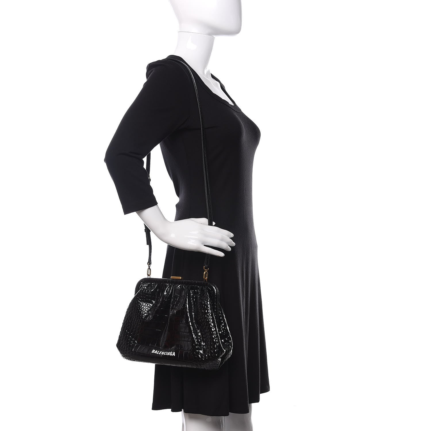 Balenciaga Shiny Supple Calfskin Logo Crocodile Embossed Cloud Crossbody Bag Black White 2 of 10