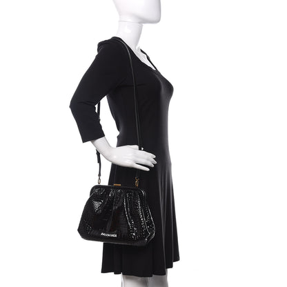 Balenciaga Shiny Supple Calfskin Logo Crocodile Embossed Cloud Crossbody Bag Black White 2 of 10