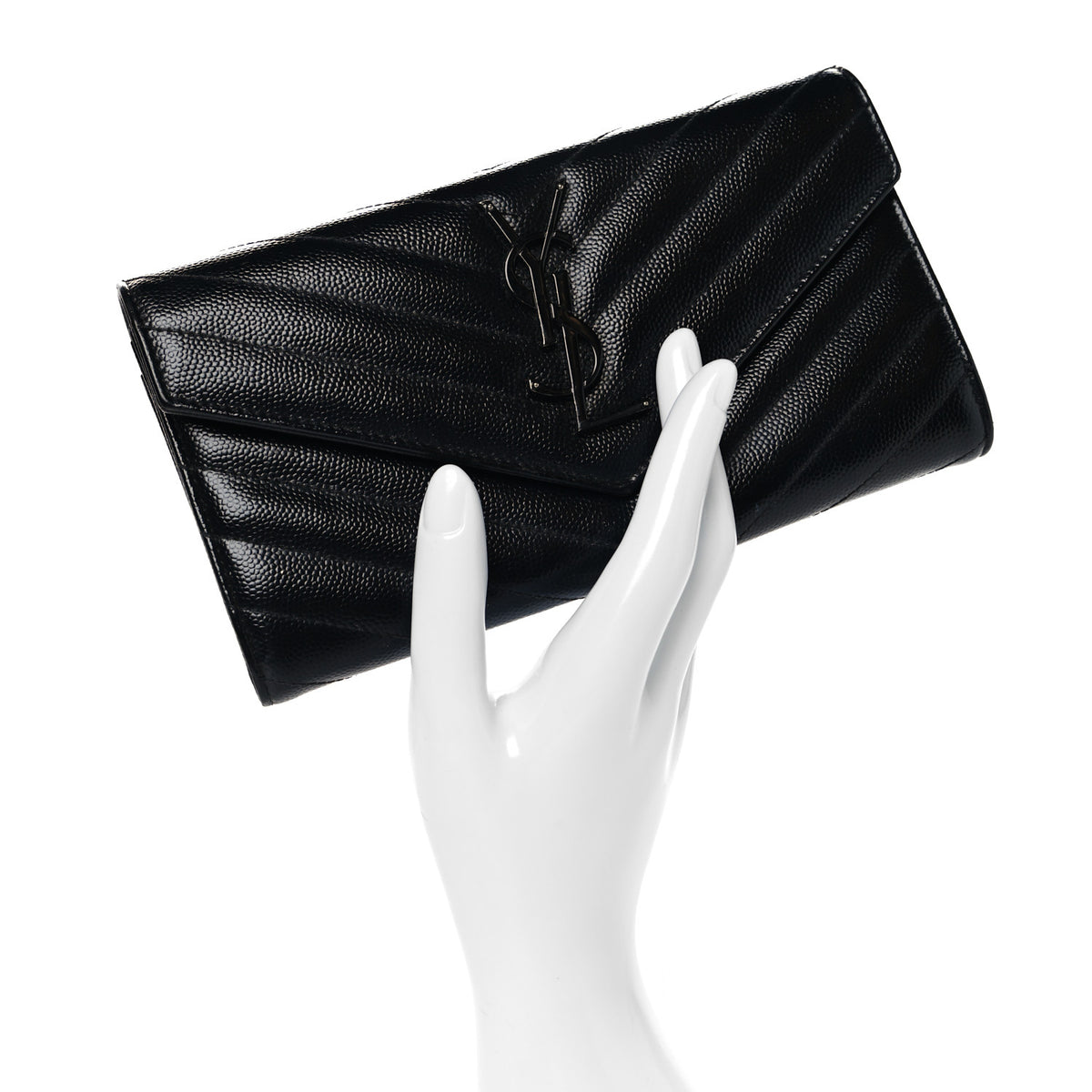 Saint Laurent Grain De Poudre Matelasse Chevron Monogram Monochrome Flap Wallet Black 2 of 8