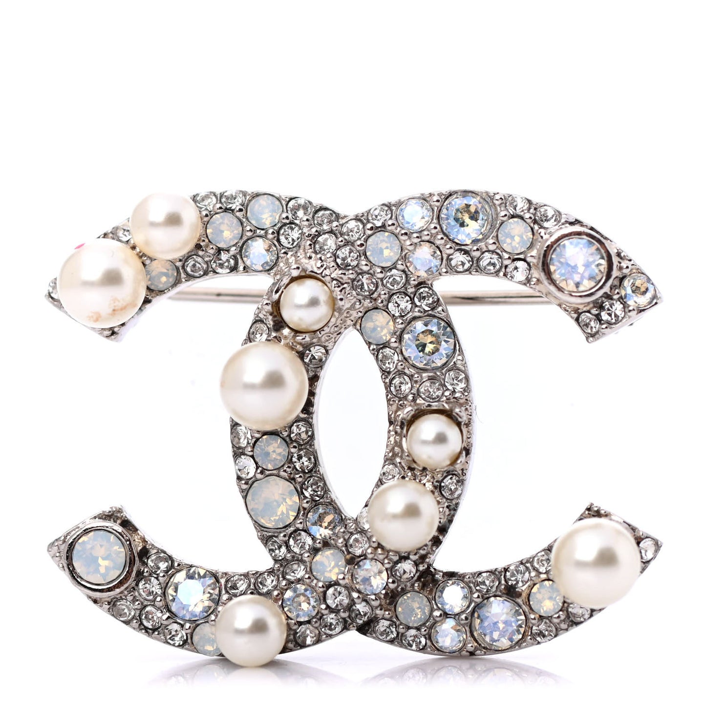 Pearl Crystal CC Mini Brooch Silver