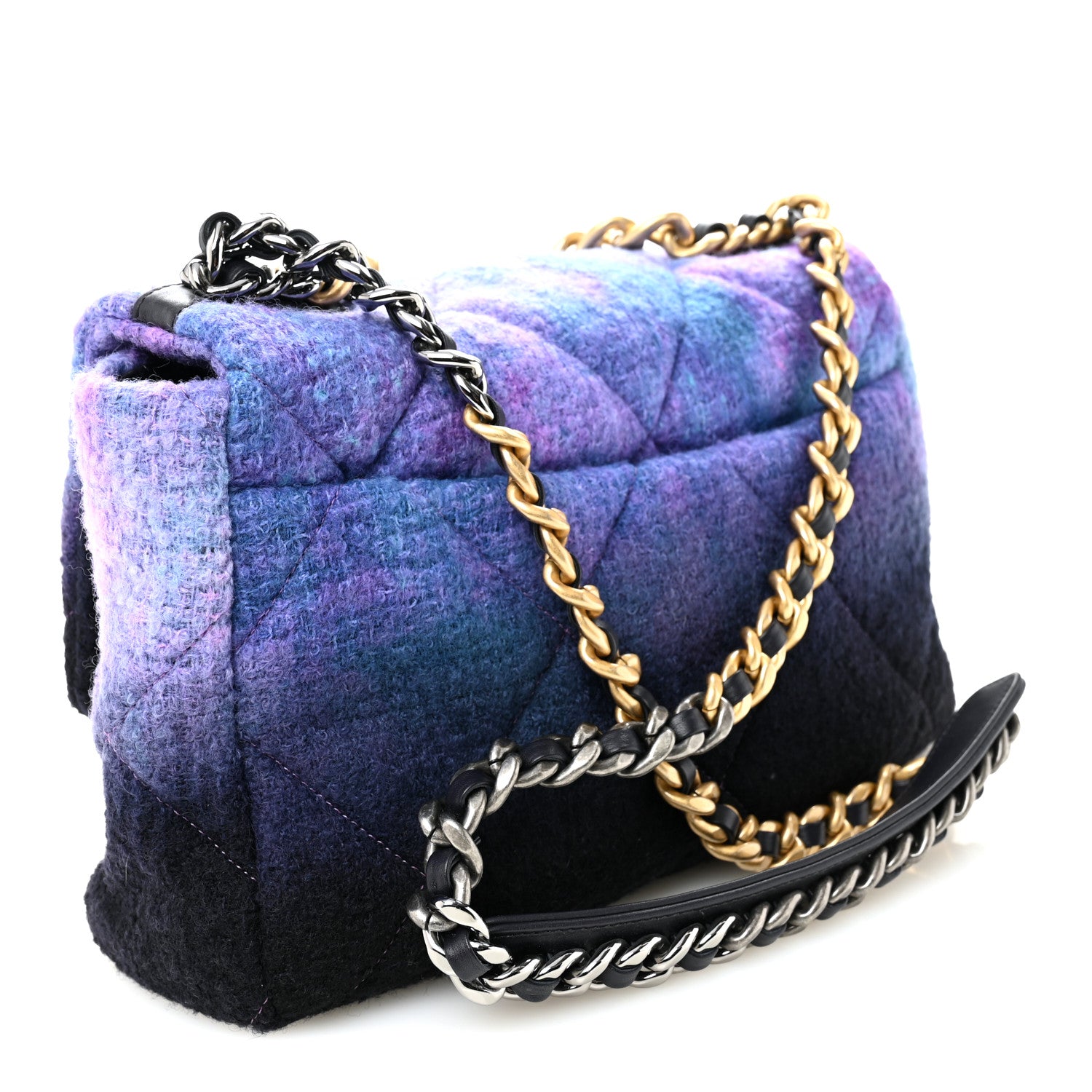 Chanel Wool Tweed Quilted Large Chanel 19 Flap Purple Black Blue 3 of 11