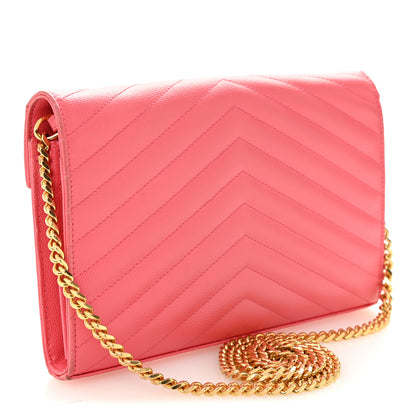 Saint Laurent Grain De Poudre Matelasse Chevron Monogram Chain Wallet Rose Clair 3 of 11