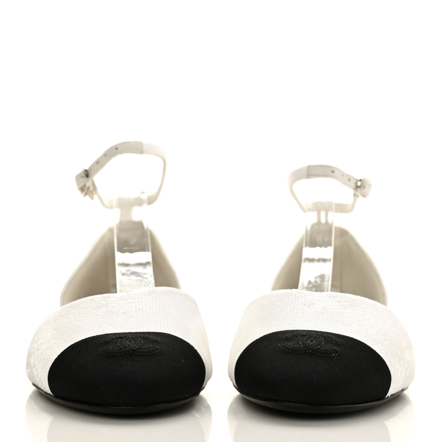 Sequin Grosgrain Cap Toe CC Ankle Strap Sandals 42 White Black