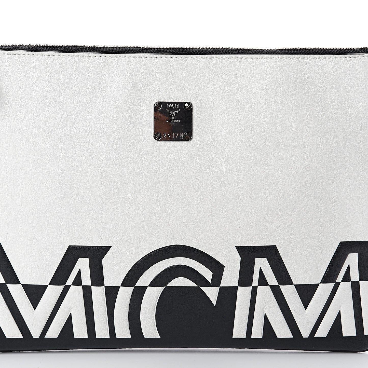 Calfskin Wristlet Logo Pouch Black White