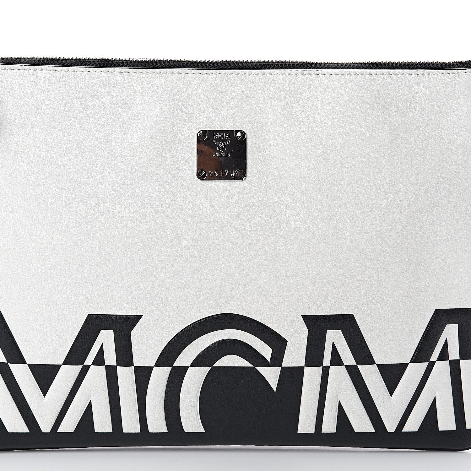 MCM Calfskin Wristlet Logo Pouch Black White 6 of 6